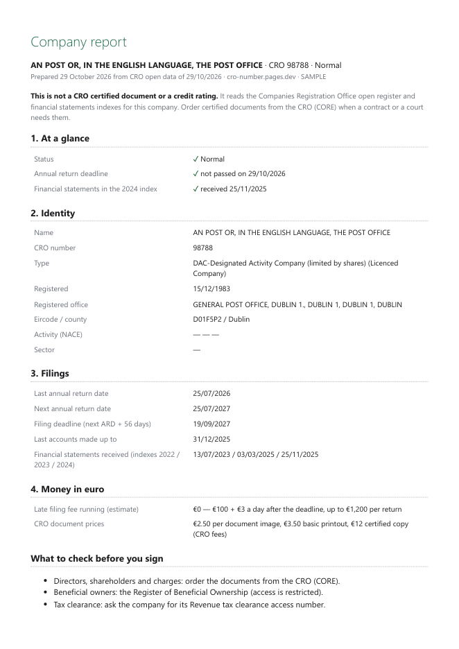 First page of the sample company report